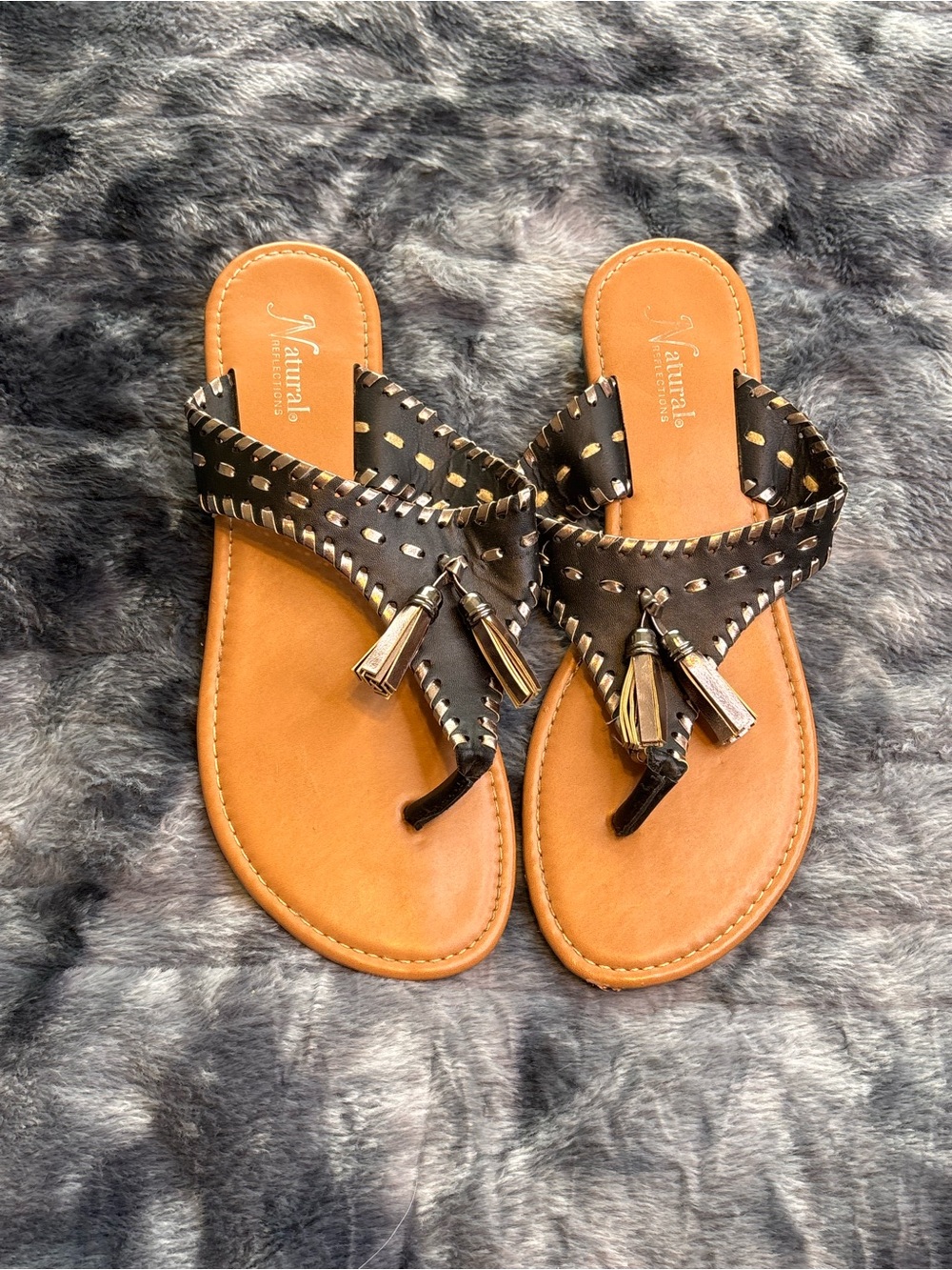 Natural Reflections Black and Tan Tassel Thong Sandals